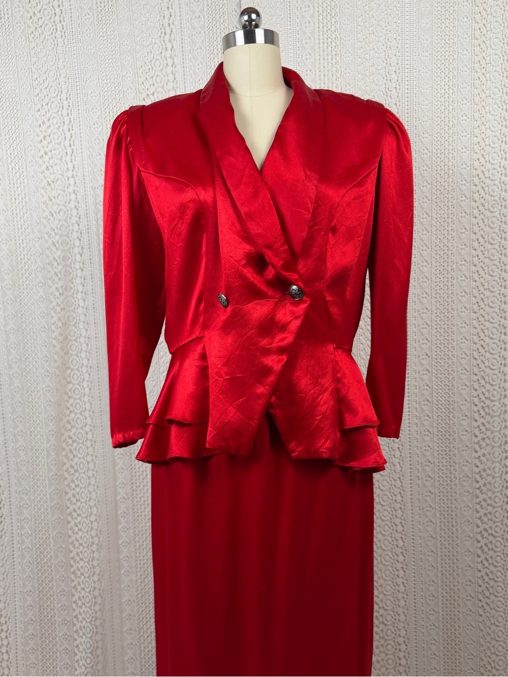 Patra Red Satin Skirt Suit Set 1980s